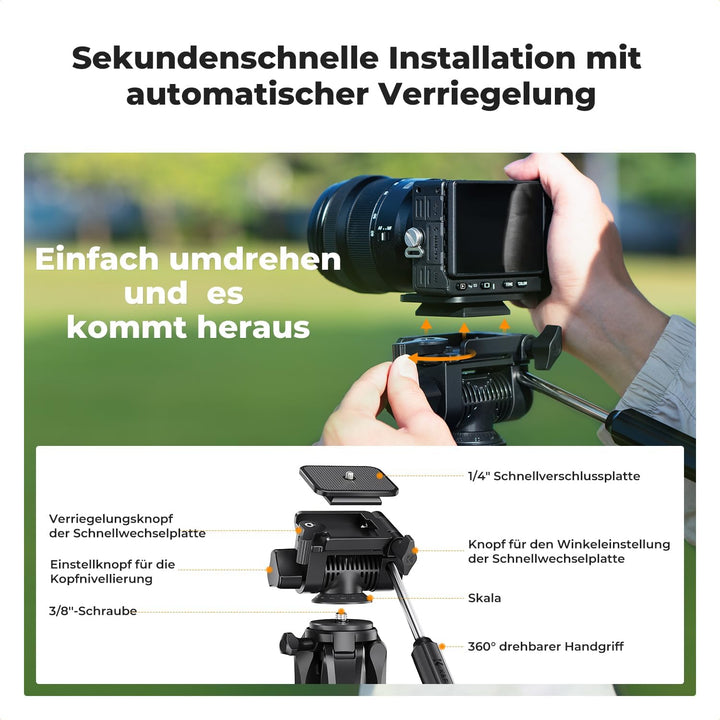 K&F Concept Kamera Stativ S255A3+BV01, Leichtes Stativ mit Tasche,190cm Handy Stativ,Tripod für Cano