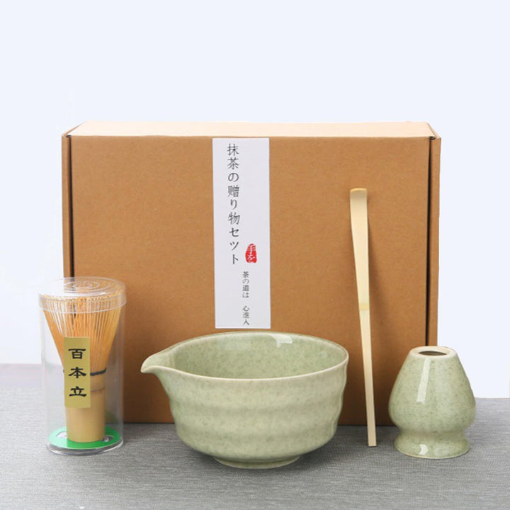 Matcha Set 4-teilig – Japanisches Matcha Tee Set mit Keramik Schale, Bambus Besen, Besenhalter & Cha