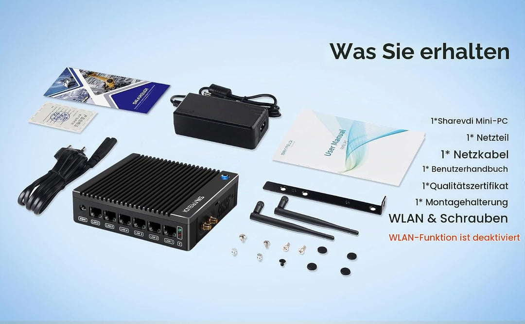 Micro Firewall Appliance, Lüfterloser Mini PC Intel N3700 4Cores/4Threads, 6X Intel 2.5 GbE i226-V L