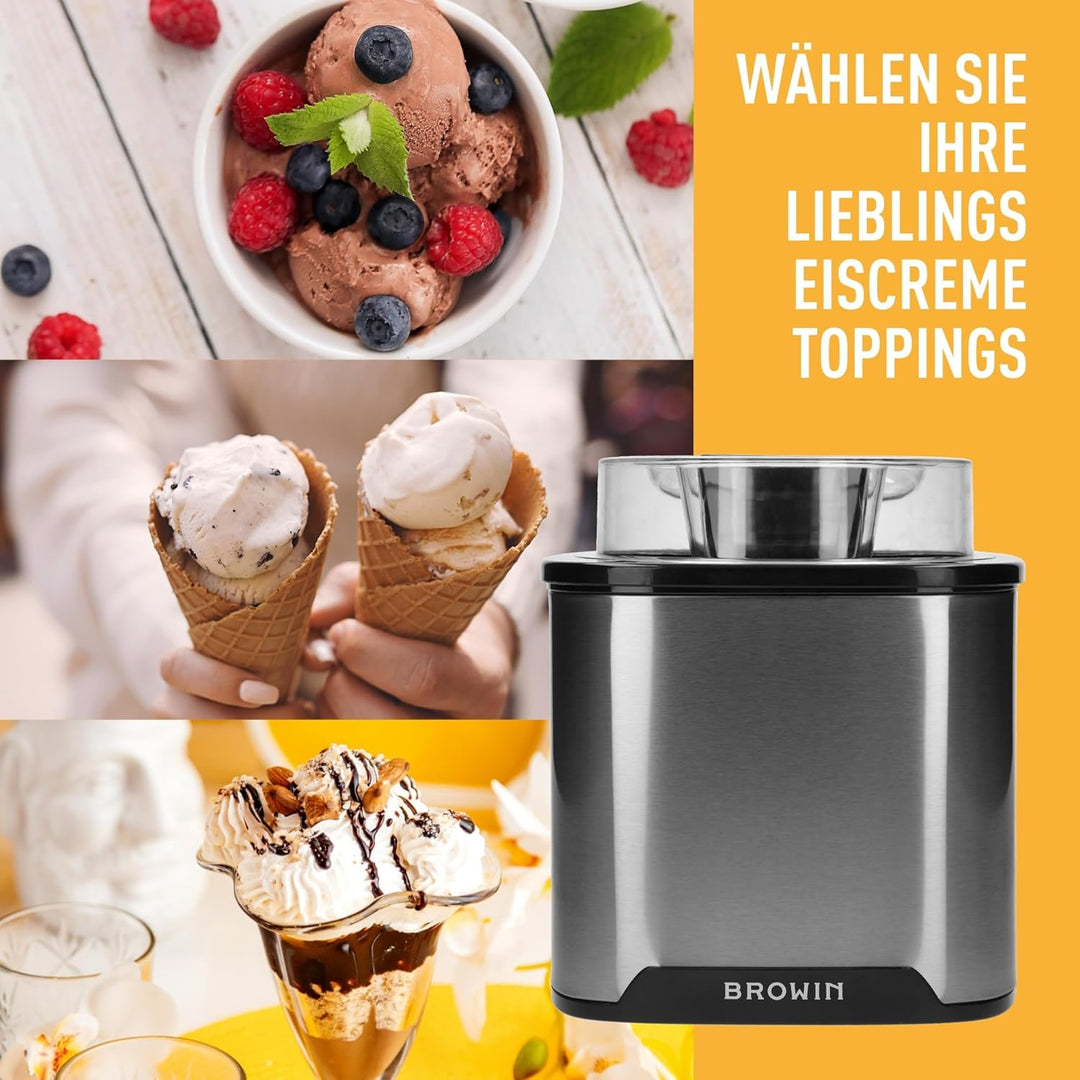 BROWIN® Eismaschine für Eiscreme, Sorbets & gefrorenen Joghurt, 1,5L Kapazität, LED-Display, einfach