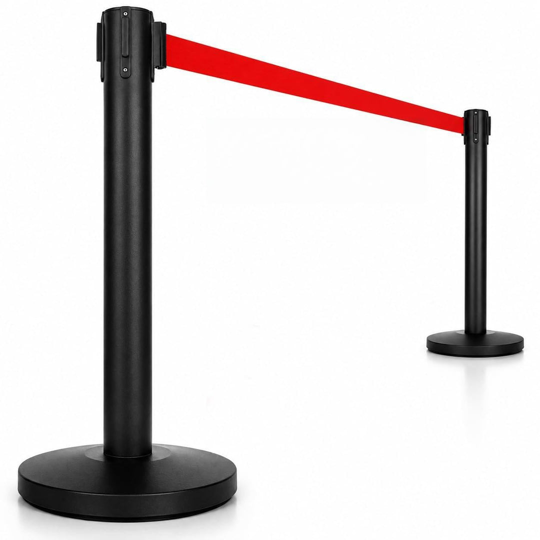 heyChef - 2er-Set | 450cm Gurtband rot extra-lang, Absperrpfosten Edelstahl pulverbeschichtet schwar