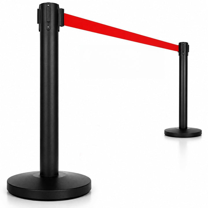 heyChef - 2er-Set | 450cm Gurtband rot extra-lang, Absperrpfosten Edelstahl pulverbeschichtet schwar