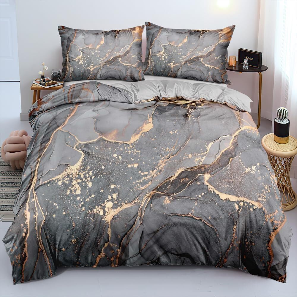 Luowei Bettwäsche 135x200cm Grau Gold Marmor BettwäSche Set 3D Drucken Mikrofaser Bettbezug und 1 Ki