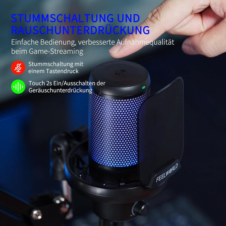 FEELWORLD VM1 USB-Gaming-Mikrofon mit Kragarmständer für Podcast-Aufnahmen, Computerspiele, Studio-M