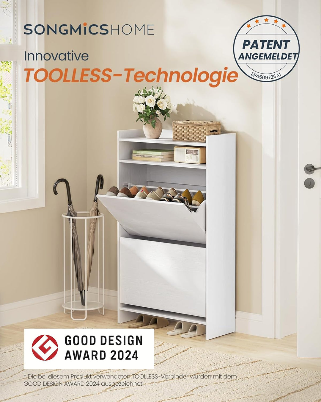 SONGMICS HOME Schuhschrank 2 Klappen, superschnelle werkzeuglose Montage, Toolless-Technologie, Schu