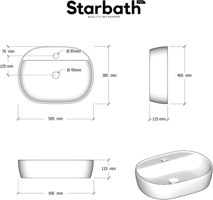 Starbath Plus - Keramik-Waschtisch - Ovale Form - Weiss - Mit Hahnloch - Masse 50 x 38 x 12 cm - Ide