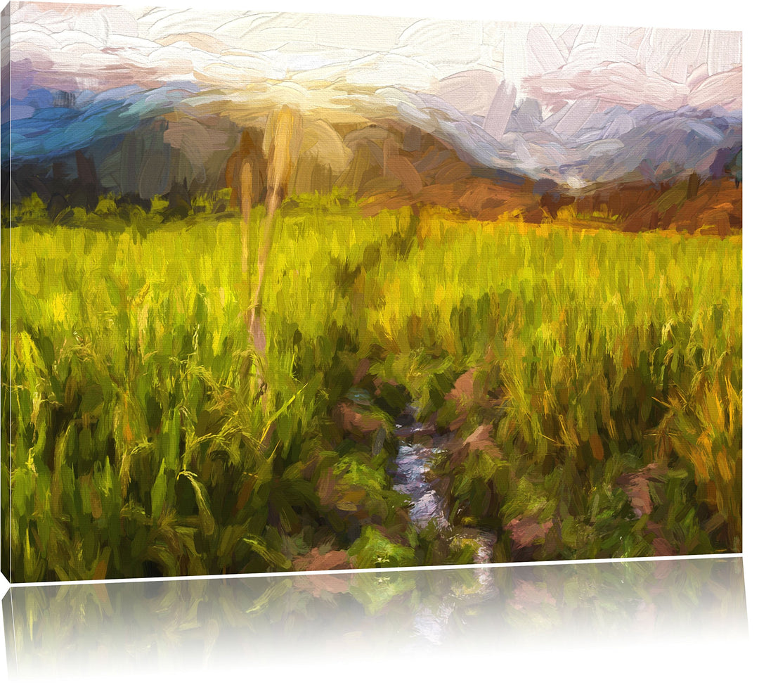 Pixxprint Reisfeld Plantage in Asien Kunst Pinsel Effekt, Format: 100x70 auf Leinwand, 100x70