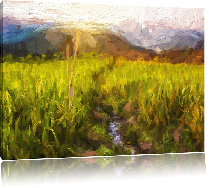 Pixxprint Reisfeld Plantage in Asien Kunst Pinsel Effekt, Format: 100x70 auf Leinwand, 100x70
