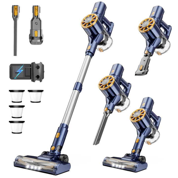 Akku Staubsauger 45KPa / 350W, Staubsauger Kabellos mit 4 × HEPA, V-förmige Anti-Tangle-Bürste, HEPA