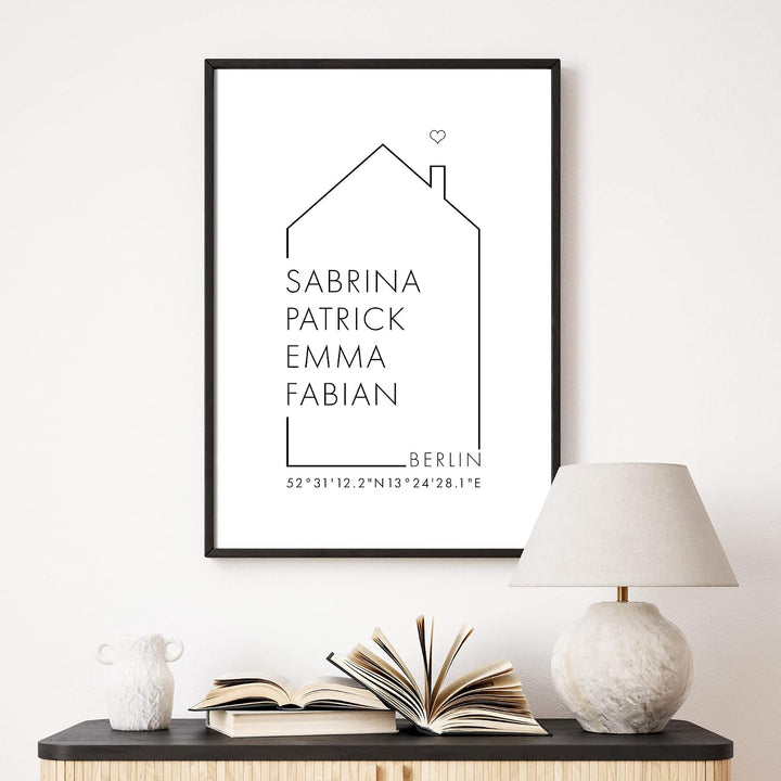 Personalisiertes Familien Haus Poster – Personalisiertes Geschenk - Bild für euer Zuhause - ohne Bil