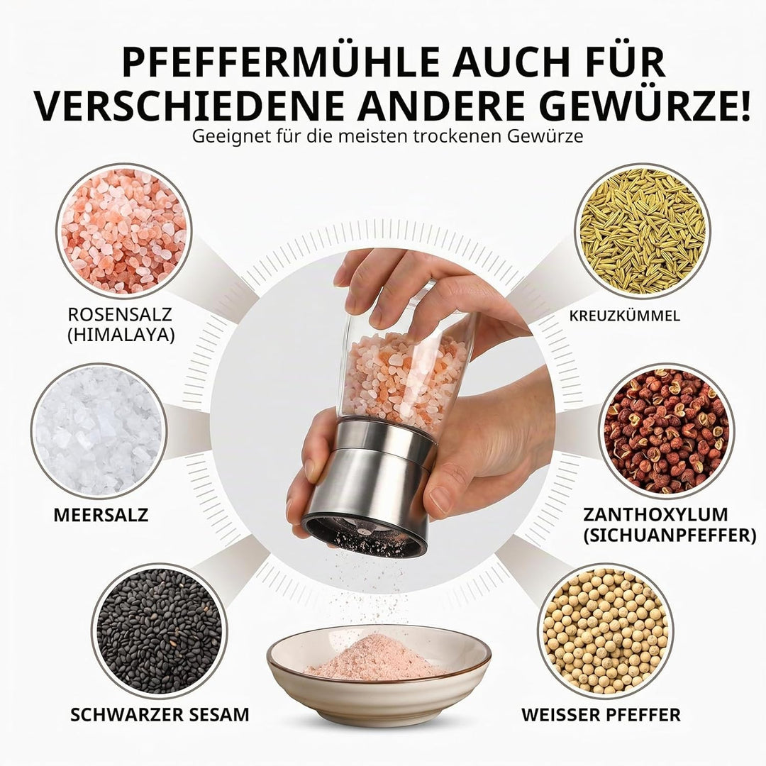 Lawei 4er-set Edelstahl Gewürzmühle Set 160ml Salz und Pfeffermühle mit Einstellbar Mahlwerk Chilimü