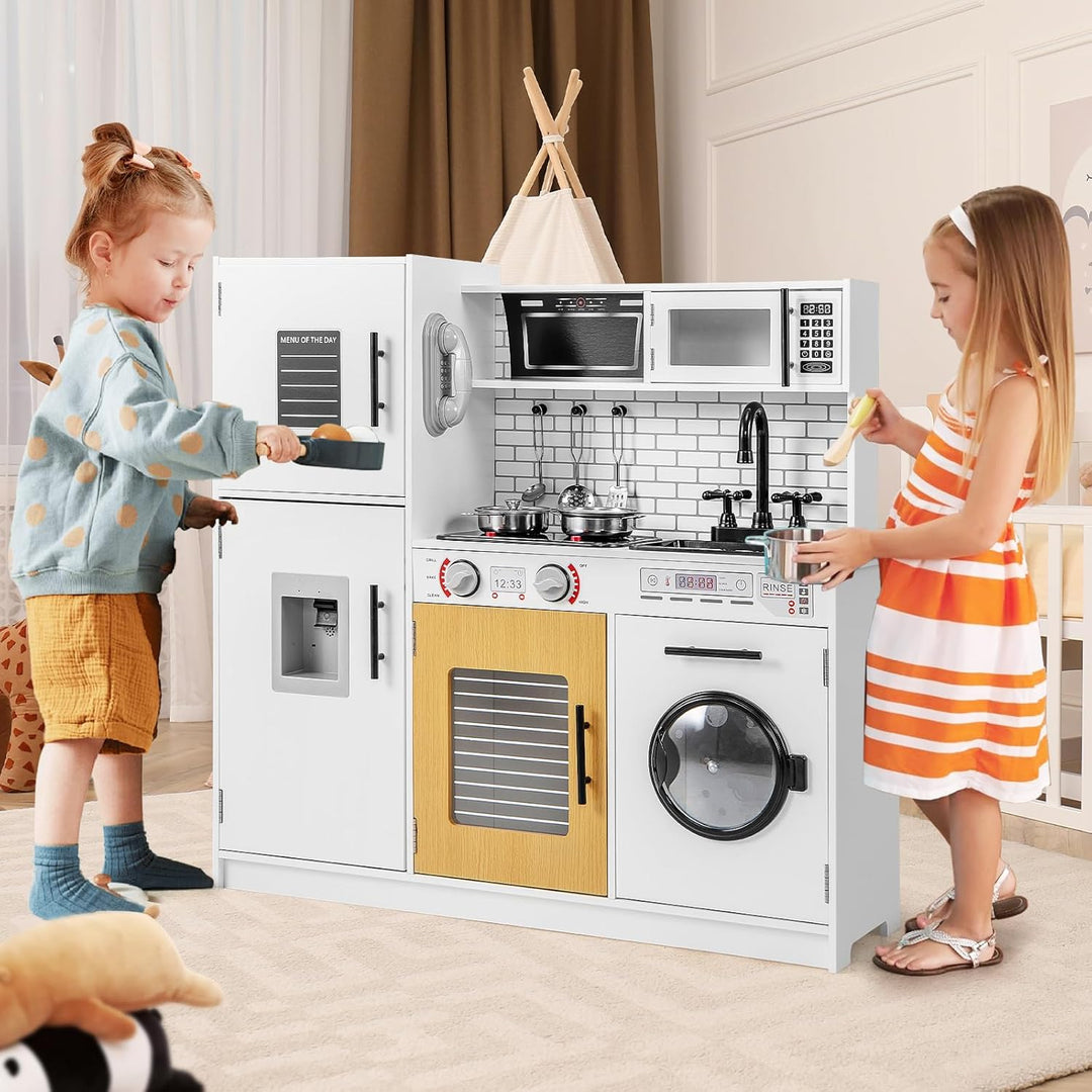 COSTWAY Kinderküche mit Licht und Sound, Spielküchen Holz mit Ofen Mikrowelle Telefon Wasserspender,