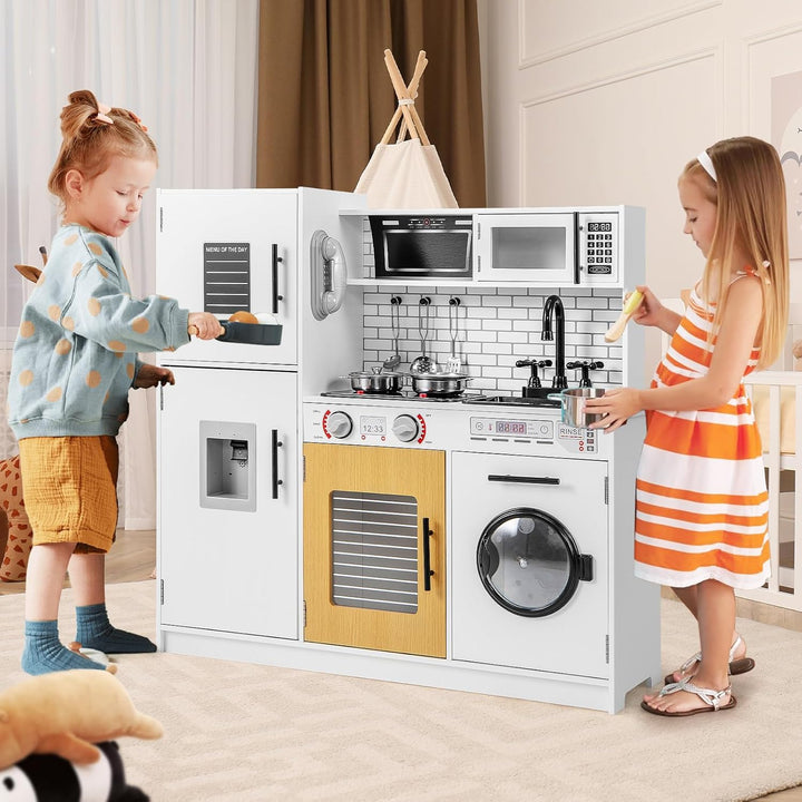 COSTWAY Kinderküche mit Licht und Sound, Spielküchen Holz mit Ofen Mikrowelle Telefon Wasserspender,