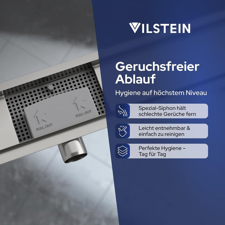VILSTEIN Duschrinne 160cm, Edelstahl Bodenablauf Komplettset, extra flach, Siphon mit Geruchsstop, H