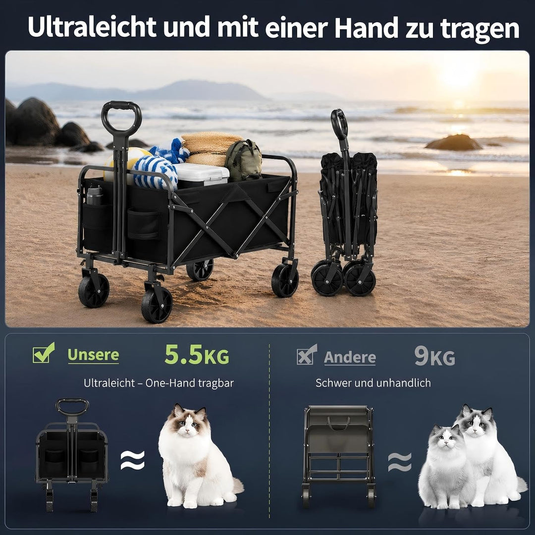 Zstar Bollerwagen Faltbar 220L mit 180 kg Tragkraft | 73 × 46,5 × 89,5 cm, 360° Räder, verstellbarer