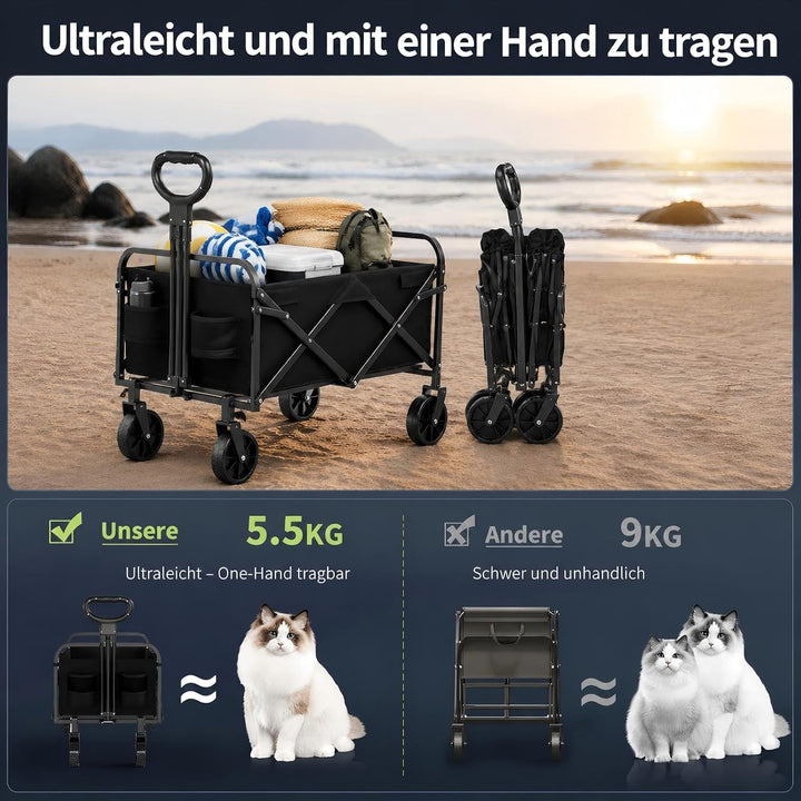 Zstar Bollerwagen Faltbar 220L mit 180 kg Tragkraft | 73 × 46,5 × 89,5 cm, 360° Räder, verstellbarer