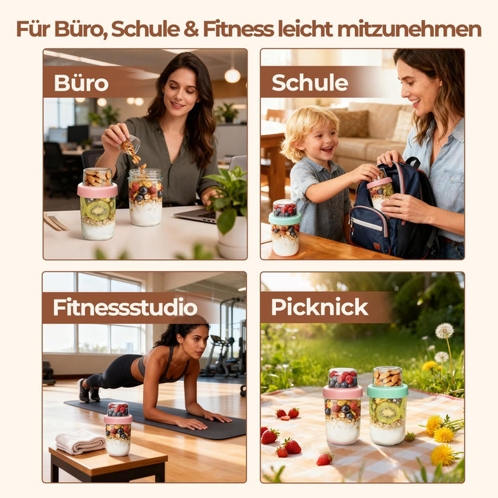 ComSaf 6er Overnight Oats Gläser, 480ml+120ml Müslibecher to go, Joghurtbecher mit Doppelschicht-Des