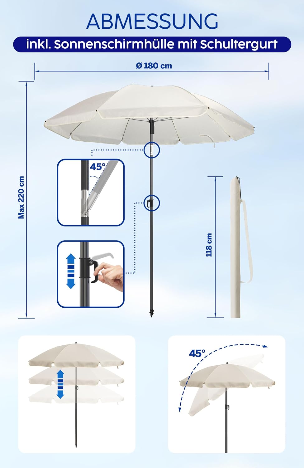 4smile Sonnenschirm Strand SunnyJoy, Beige - UPF 50+ Strandschirm Ø 180 cm, sicherer Sonnenschutz St