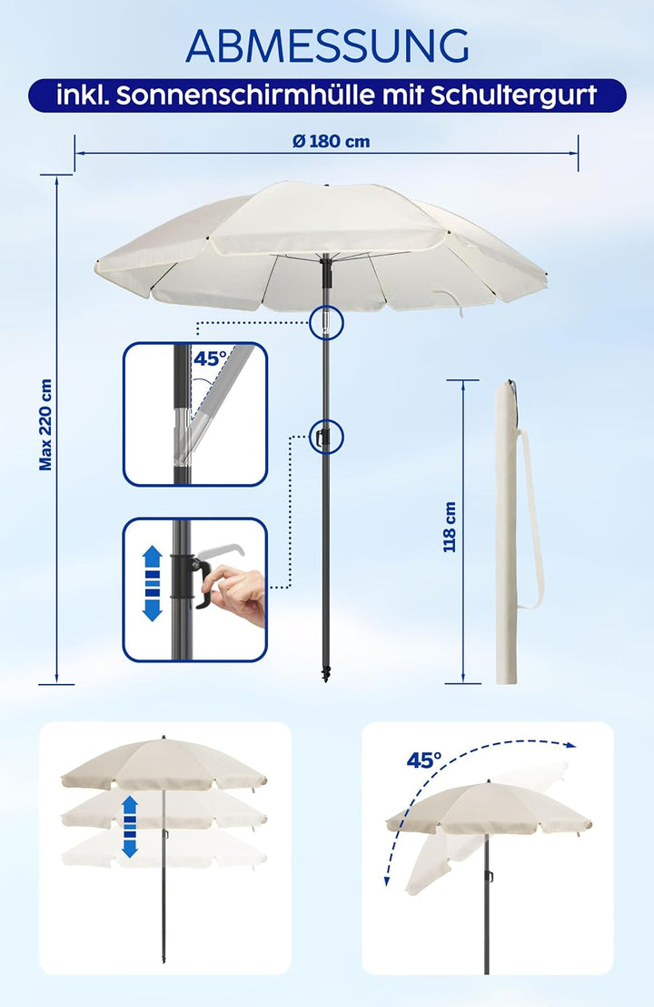4smile Sonnenschirm Strand SunnyJoy, Beige - UPF 50+ Strandschirm Ø 180 cm, sicherer Sonnenschutz St