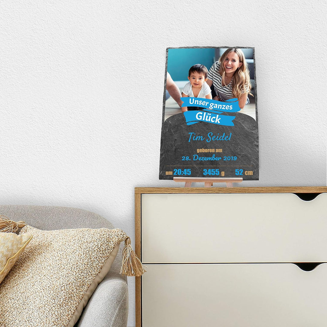 wandmotiv24 Schieferplatte mit eigenem Foto zur Geburt, 20 x 30 cm, inklusive Staffelei, Unser ganze
