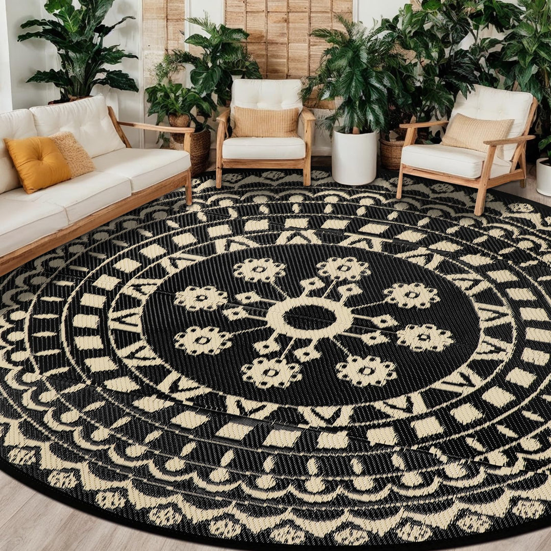 Capslpad Rund Aussenterrasse Teppich ∅300cm Wende Picknickmatte Wasserdichter Kunststoff-Strohteppic
