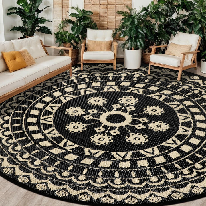 Capslpad Rund Aussenterrasse Teppich ∅300cm Wende Picknickmatte Wasserdichter Kunststoff-Strohteppic