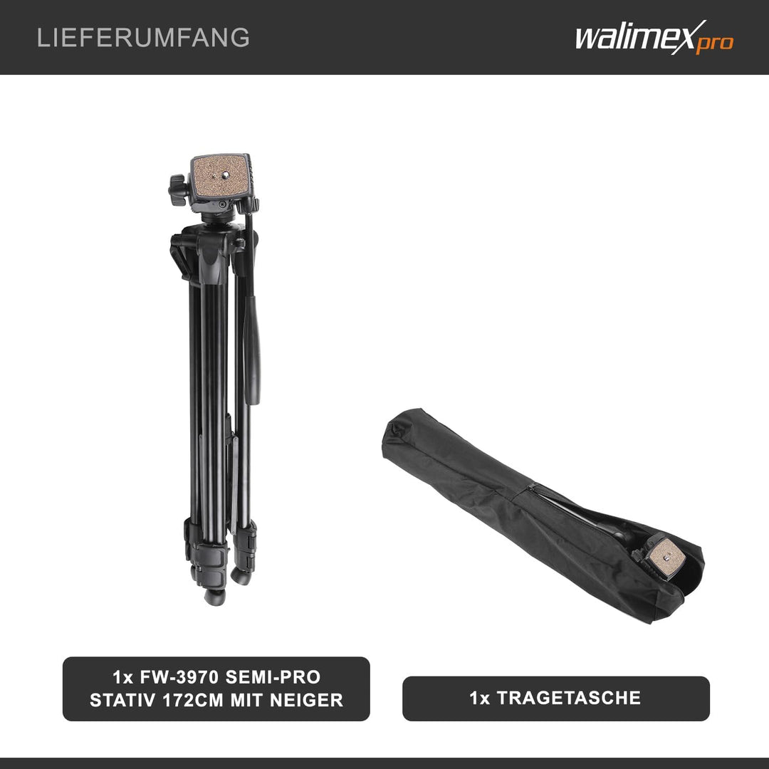 Walimex FW-3970 Semi-Pro Stativ mit Neiger, Kamerastativ höhenverstellbar bis 172 cm, Fotostativ bel
