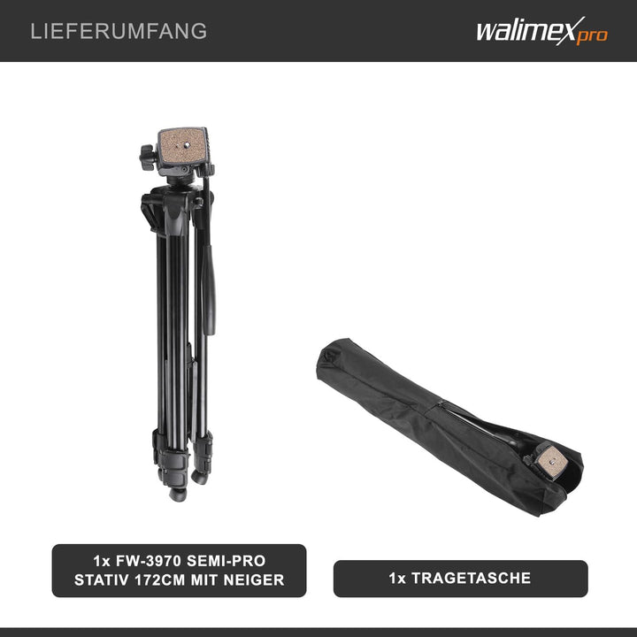 Walimex FW-3970 Semi-Pro Stativ mit Neiger, Kamerastativ höhenverstellbar bis 172 cm, Fotostativ bel