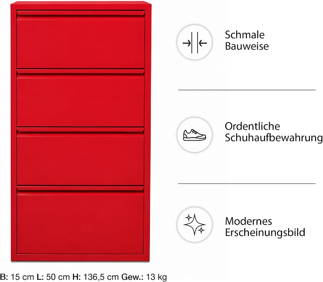 Schuhschrank Schmal, 4 Regale, Metall Schuhkipper mit Magnet-Klappen, Freistehend oder Wandmontage,