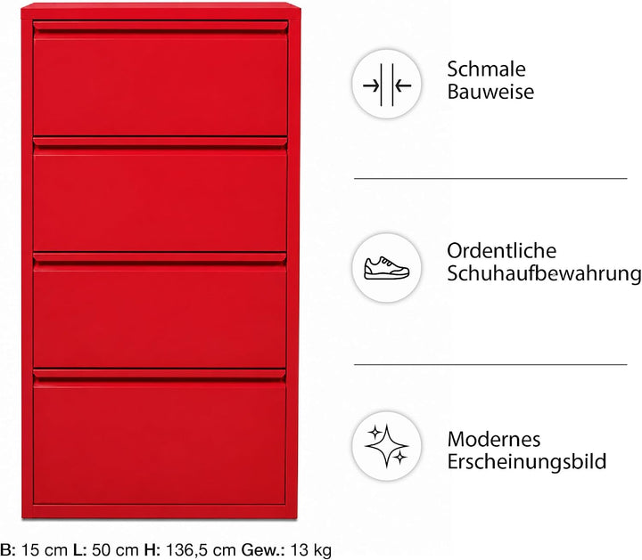 Schuhschrank Schmal, 4 Regale, Metall Schuhkipper mit Magnet-Klappen, Freistehend oder Wandmontage,