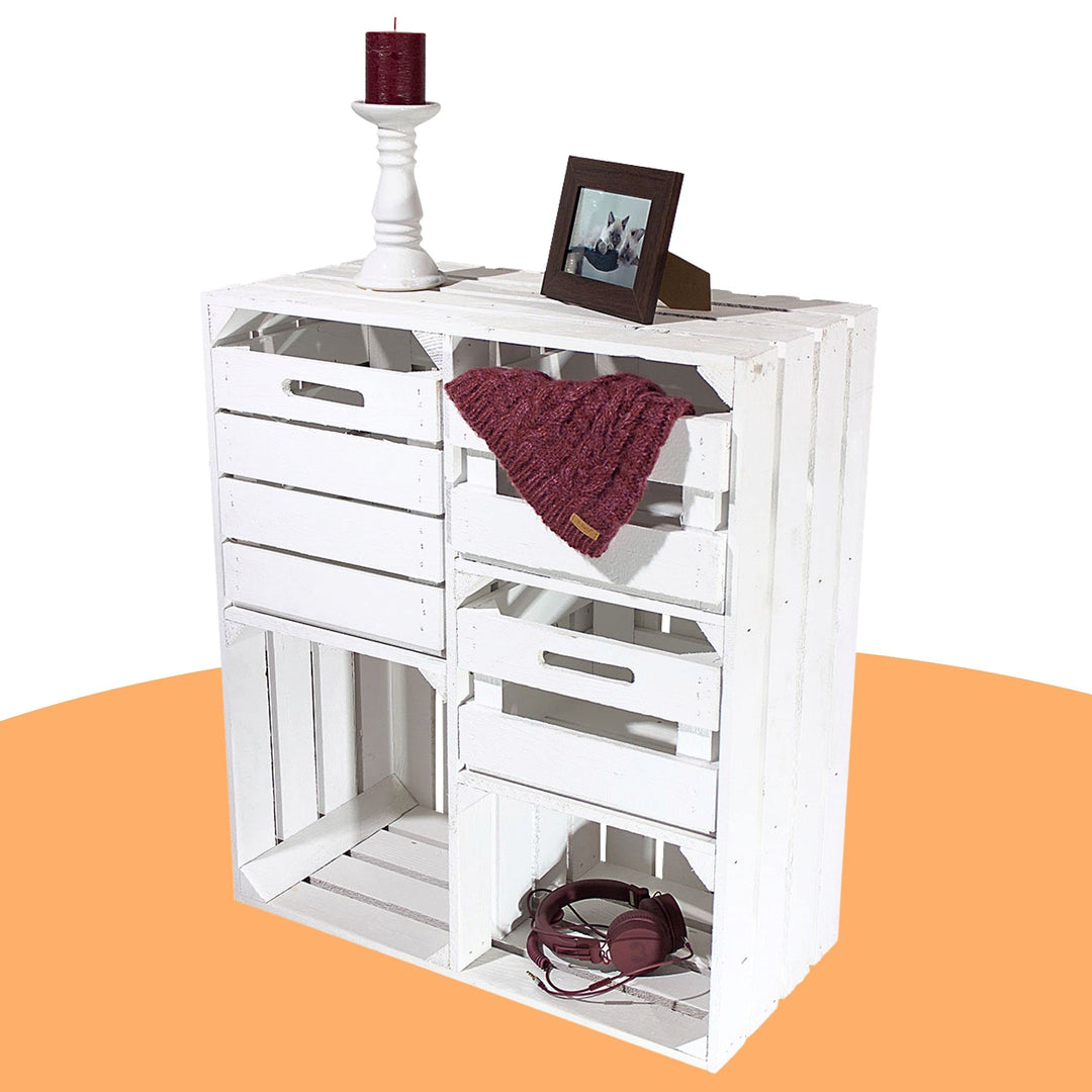Weisser Holzschrank mit 3 Schubladen 77cm x 68cm x 35cm Regalsystem Vintage Massive Obstkisten Weink