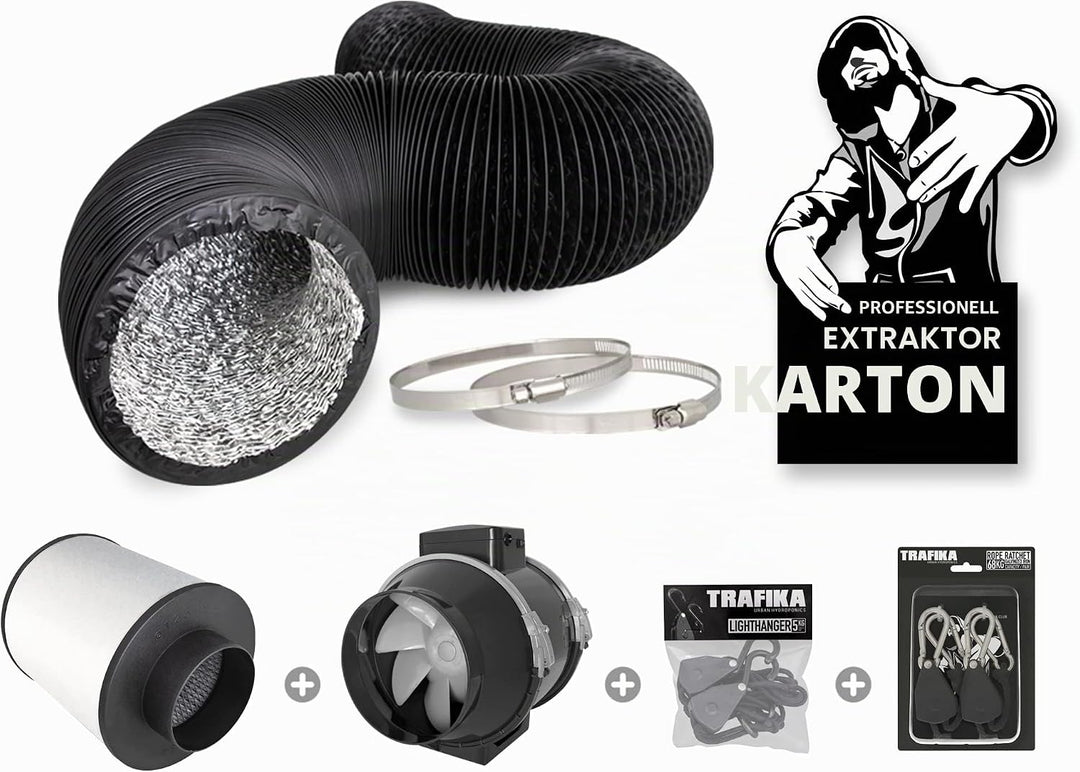TRAFIKA Extractor KIT 100mm/250m3h KOHLEFILTER +ENTLÜFTER TT 100 (2 Geschwindigkeiten) + 5M COMBIDUC