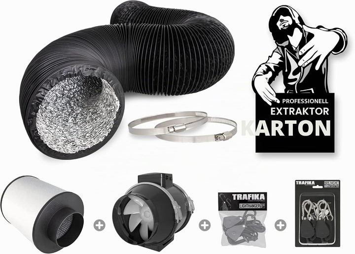 TRAFIKA Extractor KIT 125mm/250m3h KOHLEFILTER +ENTLÜFTER TT 125 (2 Geschwindigkeiten) + 5M COMBIDUC