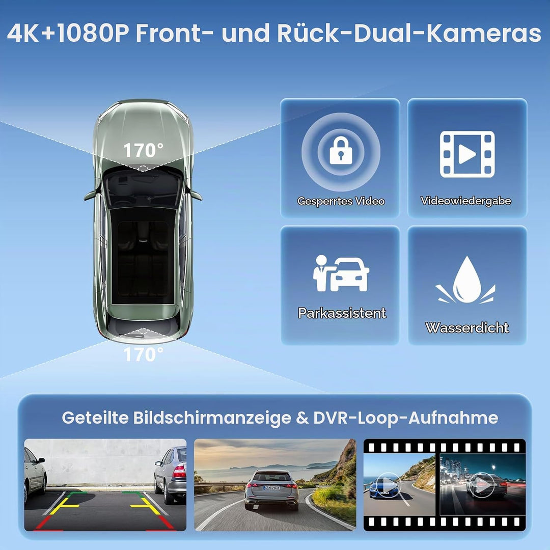 8.88 Zoll CarPlay Display für Apple CarPlay &amp; Android Auto mit 4K Frontkamera &amp; 1080P HD Rückfahrkam