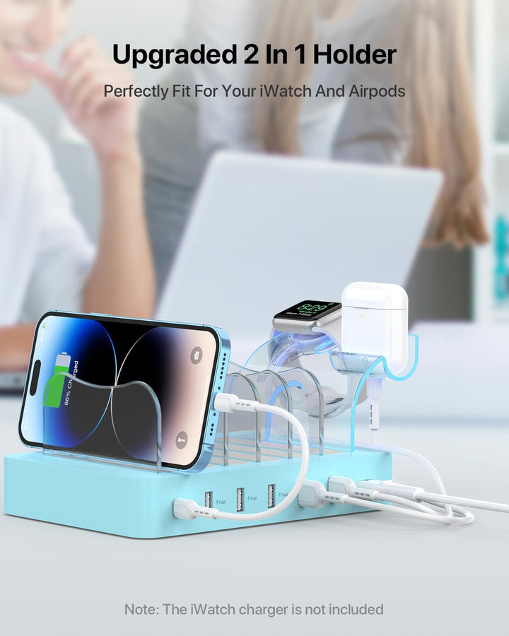 SooPii USB Ladestation 60W/12A,6-Port Dockingstation,Organizer für mehrfach Geräte with I Watch Hold