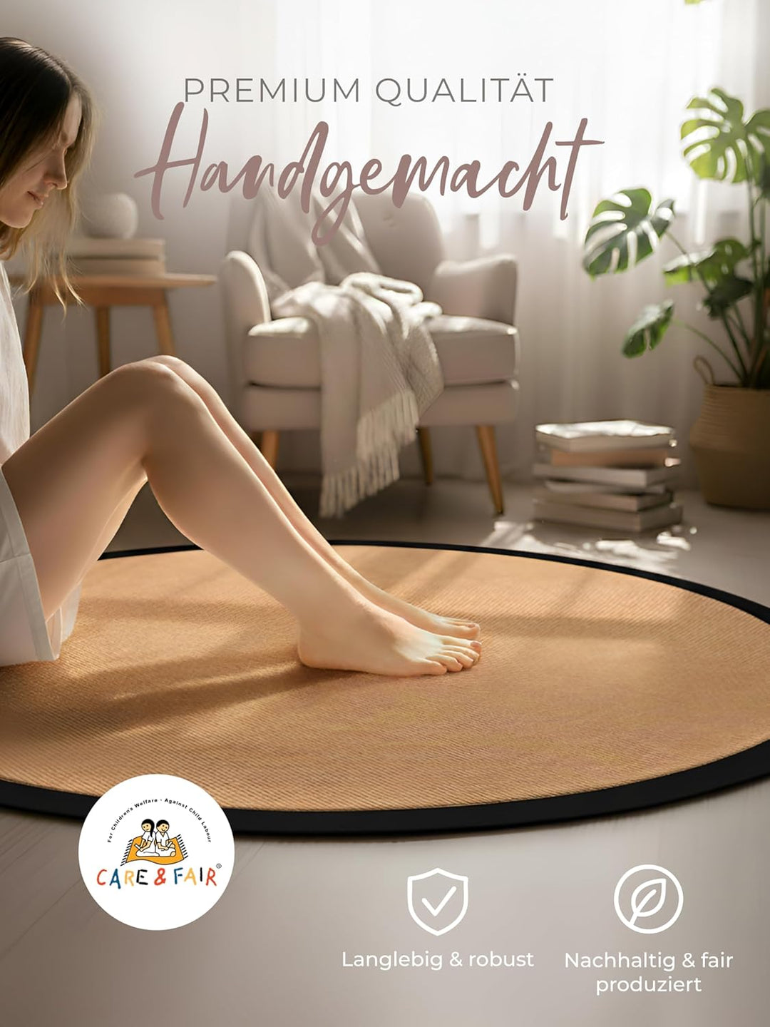 carpetfine Sisalteppich Rund Schwarz Ø 80 | Moderner Teppich für Wohn- und Schlafzimmer Ø 80 cm Schw