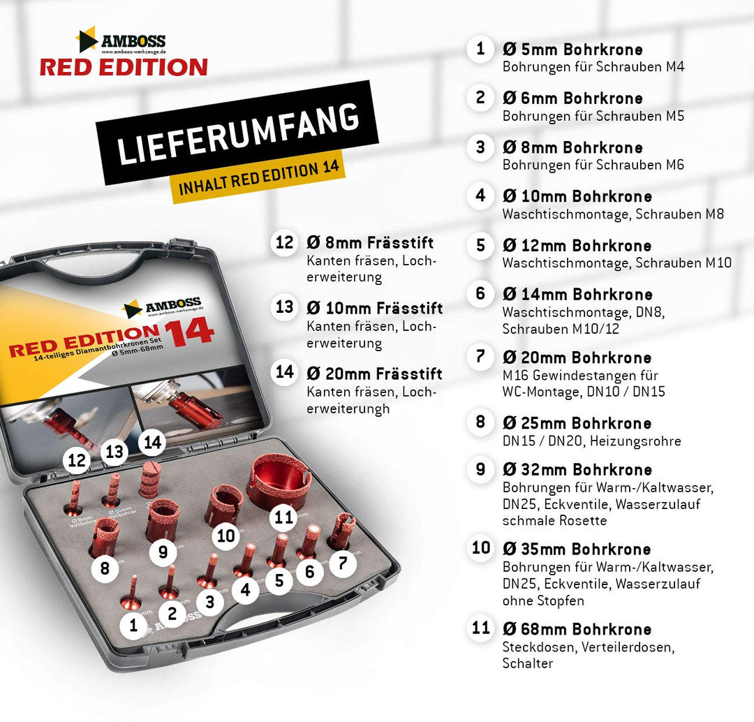 Amboss RED EDITION M14 Set"Red Edition 14" Diamant Bohrkrone + Frässtifte für Winkelschleifer - Troc