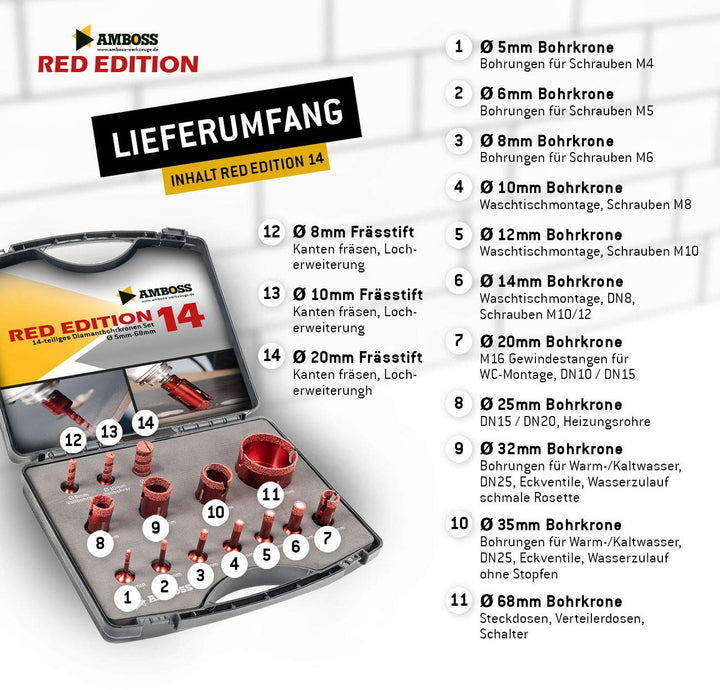 Amboss RED EDITION M14 Set"Red Edition 14" Diamant Bohrkrone + Frässtifte für Winkelschleifer - Troc