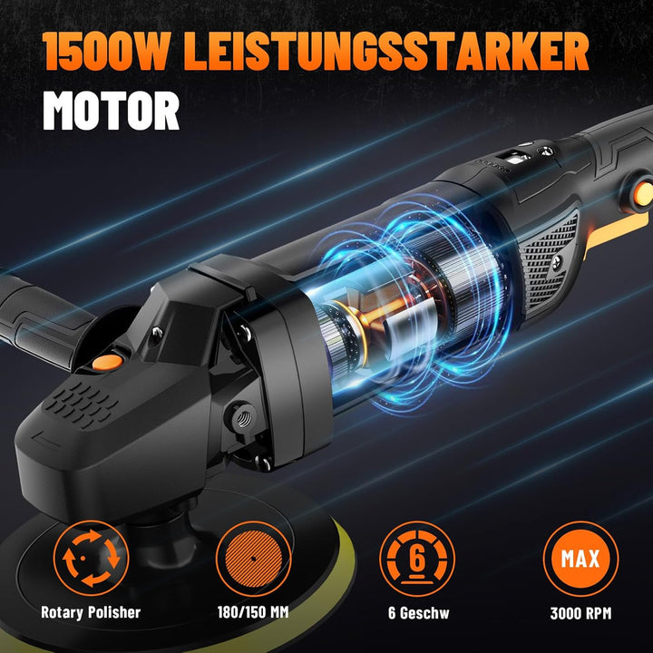 PLS03A Auto Poliermaschine 1500W, Rotationspolierer 180/150 mm, 6 Variable Geschwindigkeiten (600–30