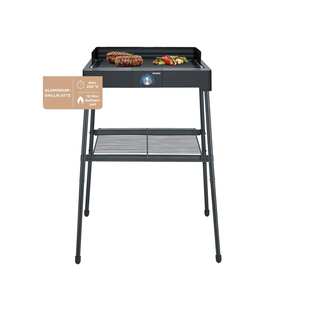 SEVERIN Standgrill mit Aluminium-Grillplatte und Standuntergestell mit Ablagerost, Elektrogrill mit