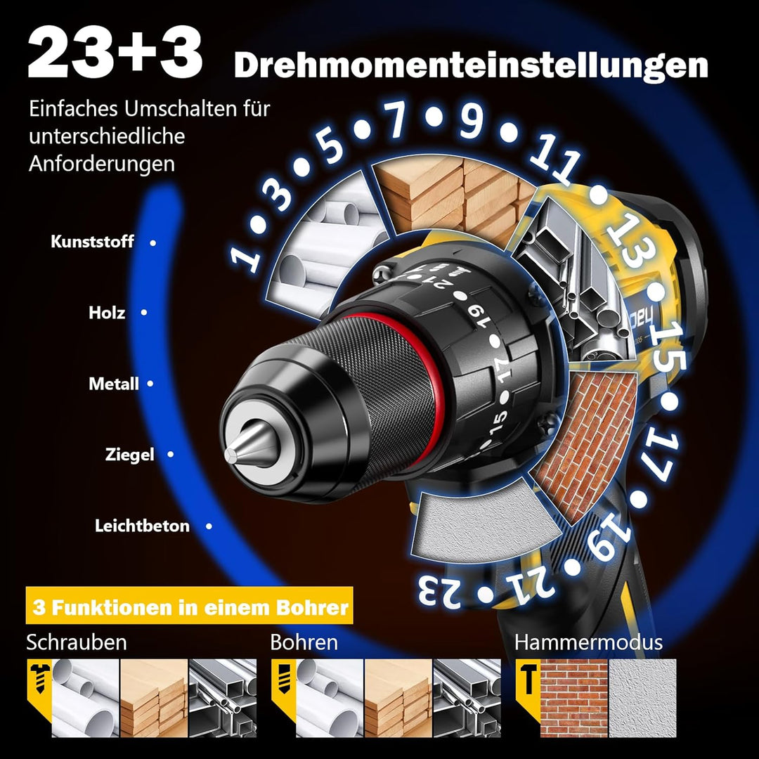 Sundpey 21V Akkuschrauber Set - Max. 70Nm Bürstenlos Akkubohrer und Schrauber mit 2 x 2.0Ah Akku, 23
