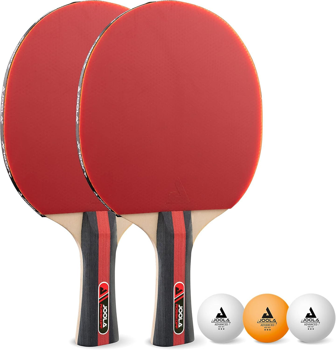 JOOLA Tischtennis Set Rosskopf 2 Tischtennisschläger + 3 Tischtennisbälle 40+mm, rot/schwarz, 5-teil