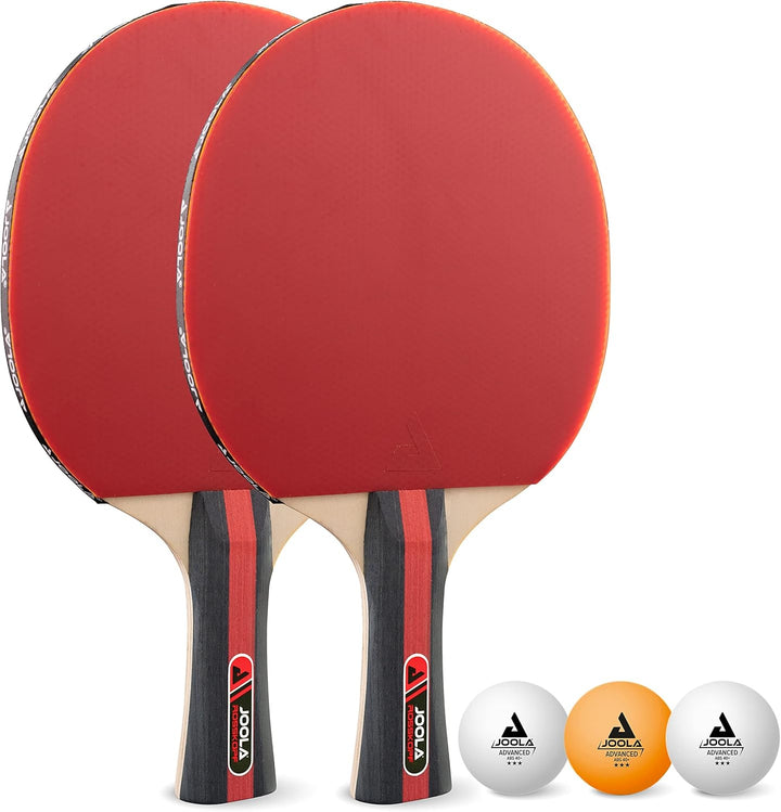 JOOLA Tischtennis Set Rosskopf 2 Tischtennisschläger + 3 Tischtennisbälle 40+mm, rot/schwarz, 5-teil