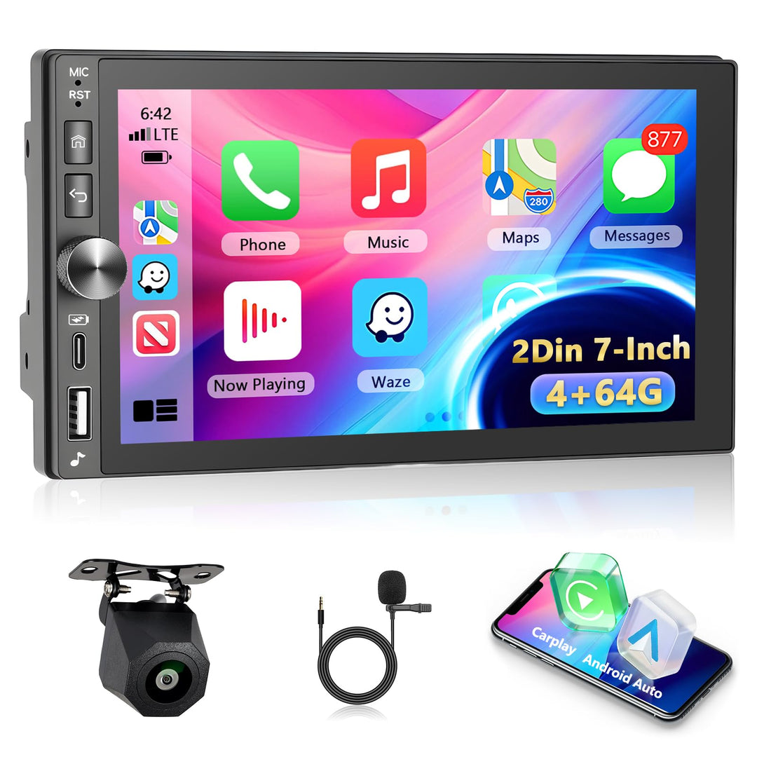 4GB+64GB 2 Din Carplay Autoradio mit Type-C, Android Auto Car Stereo mit GPS Navigation, WiFi, Bluet