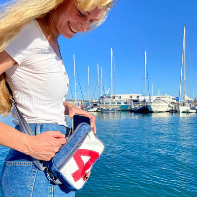 360 Grad Nautik Umhänge-Tasche Segeltuch weiss-grau mit Zahl orange