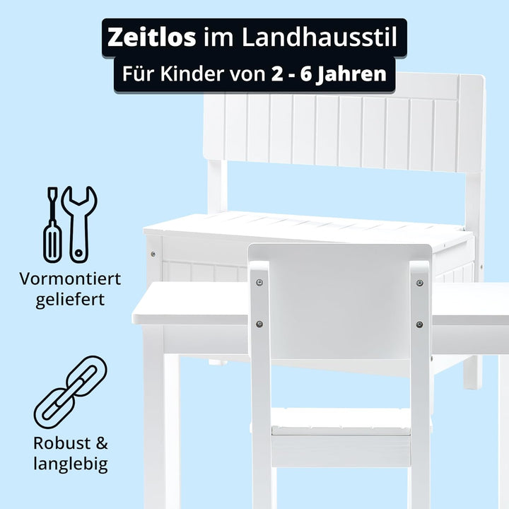 KHG Kinder-Möbel Set mit Tisch, Bank & Stuhl weiss Landhaus für Kinderzimmer, Pflegeleichte Oberfläc