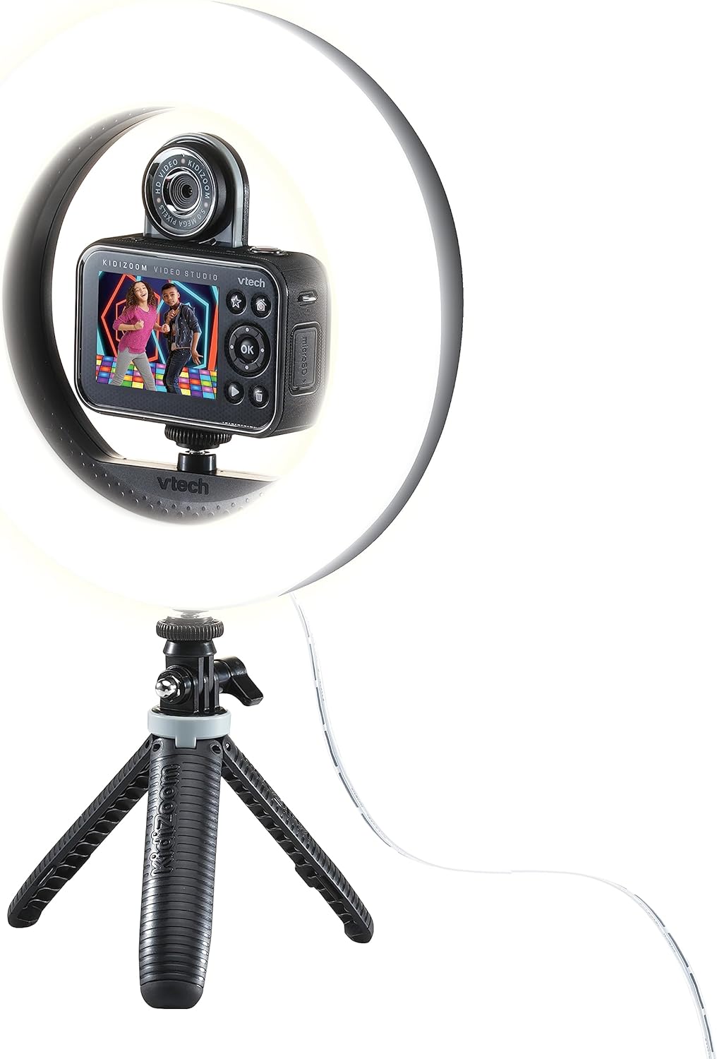 VTech KidiZoom Video Studio Deluxe Bundle – Kinderkamera mit Greenscreen, Stativ, Ringlicht, Handsch
