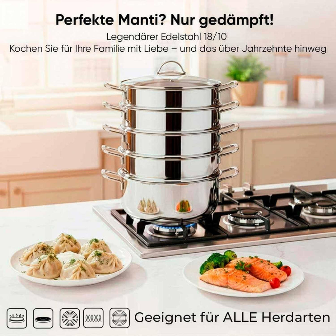 BEM Dampfkocher: 6-tlg Set aus Edelstahl, Ø 28 cm, Russische Mantowarka mit Dampfeinsatz und Glasdec