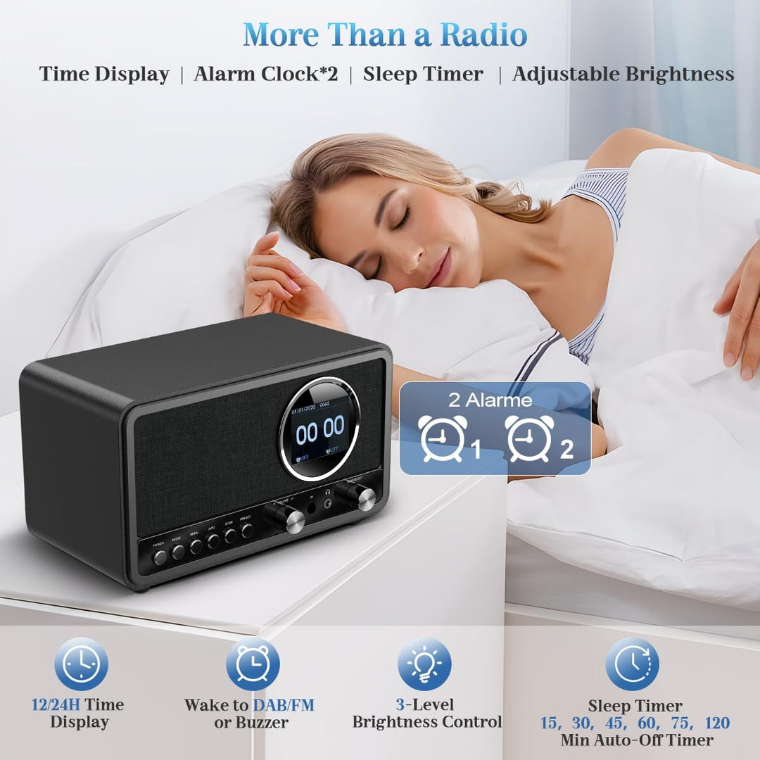 DAB DAB+ / FM Radio mit Fernbedienung, Bluetooth, 5W HiFi Lautsprecher, Kopfhöreranschluss, USB, AUX