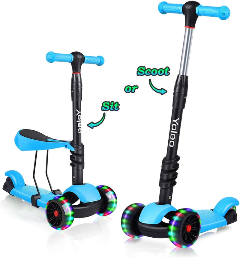 YOLEO 3-in-1 Kinder Roller Scooter mit Abnehmbarem Sitz, LED grosse Räder, Höheverstellbare Lenker f